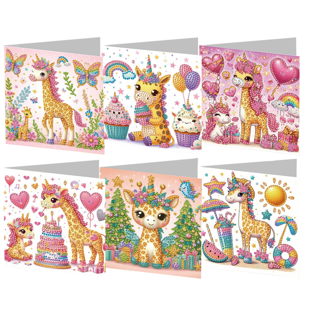 6Pcs Giraffe Diamond Handmade Card Diamond Painting Greeting Card for Adults