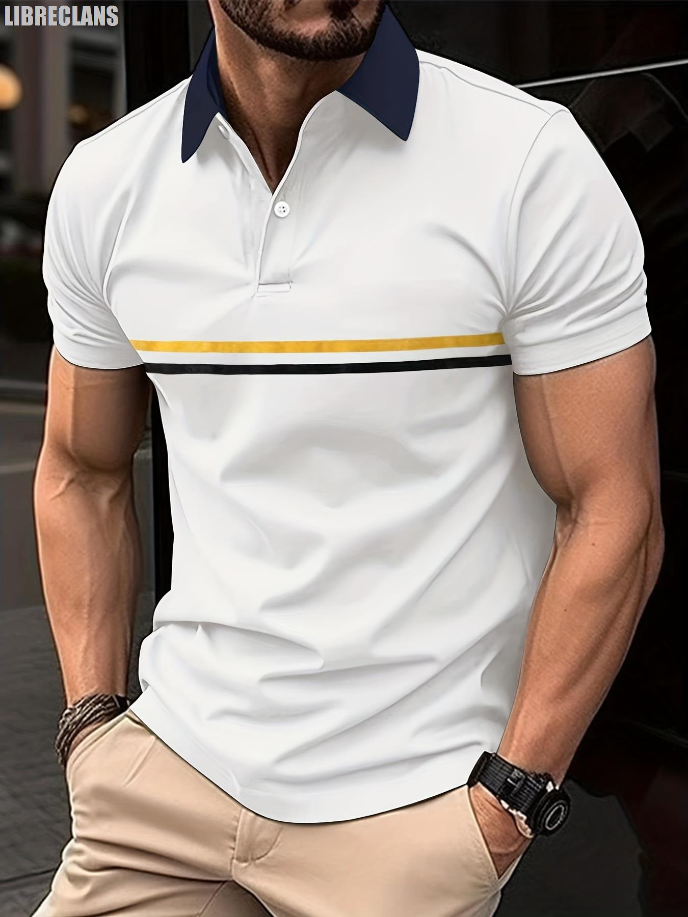 Personaltender men costume adult White Striped Polo Shirt Men Fashion Button Down Lapel Tops 2024 Summer Casual Body-Shaping Streetwear Daily Office Men Clothing