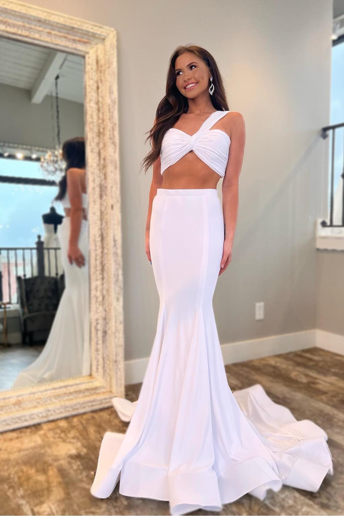 Lvs&Broner Two Pieces One Shoulder Sleeveless Mermaid Prom Dress With Ruffles