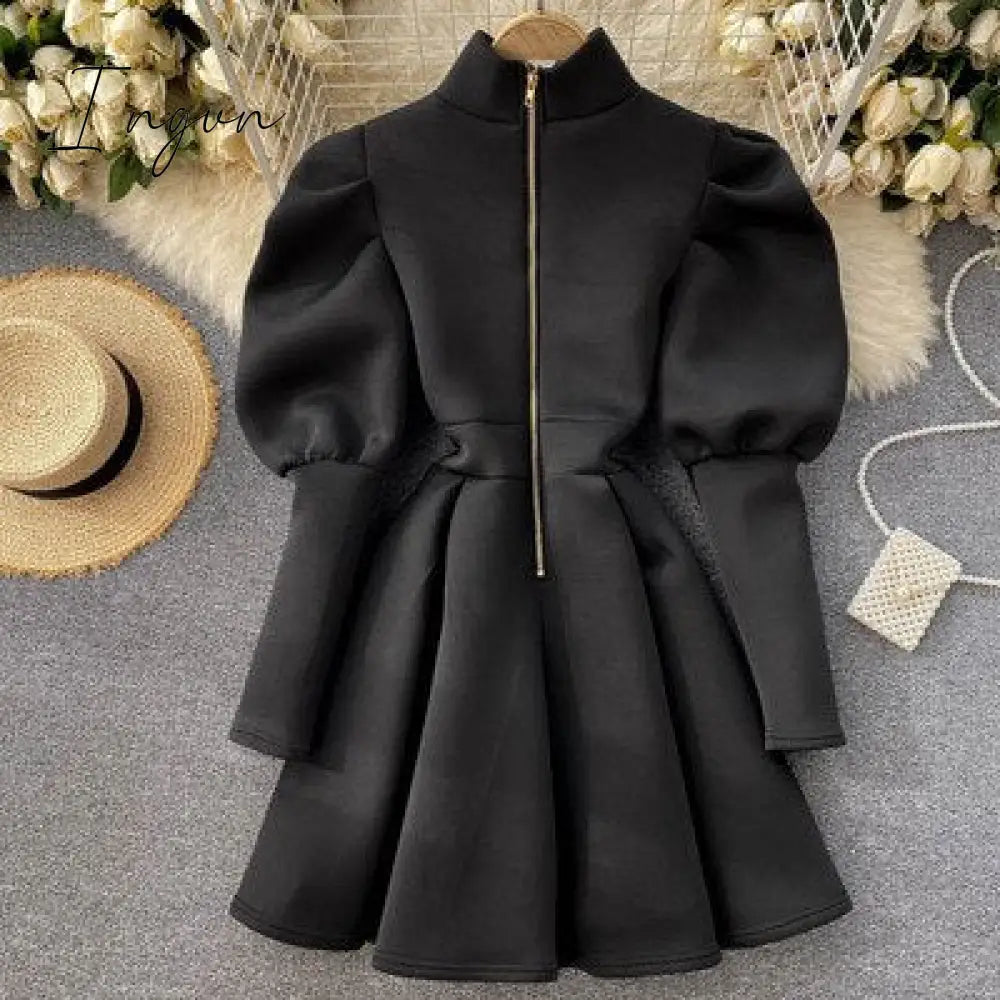Ingvn - Gifts For Women Autumn Winter Puff Long Sleeve Dresses Party Christmas Turtleneck Slim A -