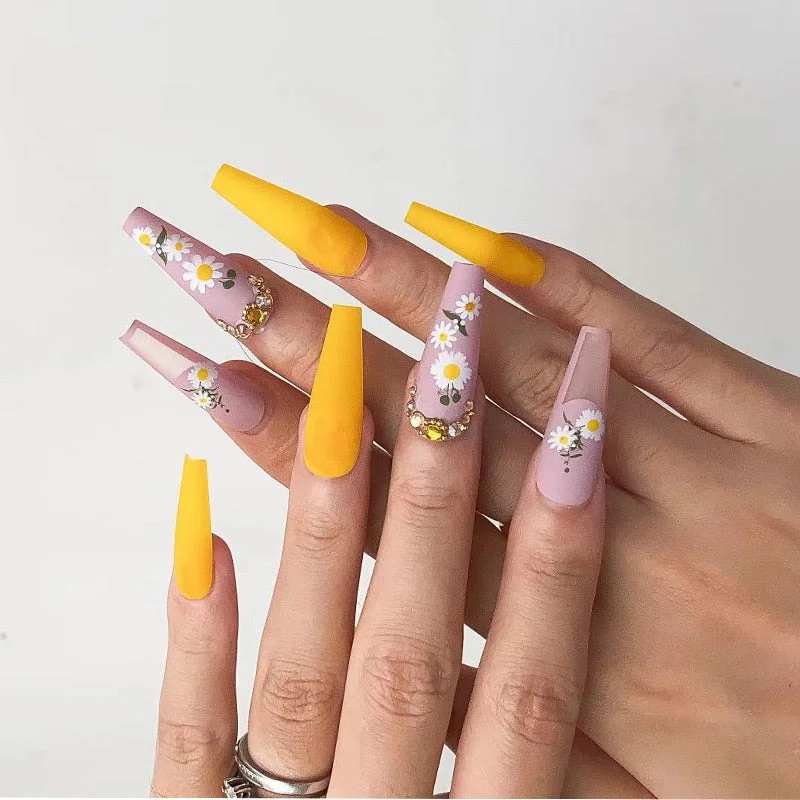 24Pcs Extra Long Coffin Nails Pure Purple Elegant Shiny Ballet Fluorescent and Yellow Leopard print Fake Nail with glue for girl-Nail Inspo