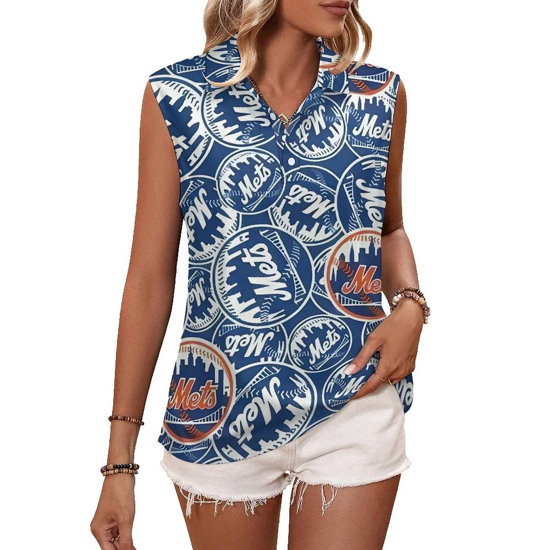 V-neck Sleeveless Casual POLO Shirt Tank Top for Women Printed with Pattern , Blue, Red