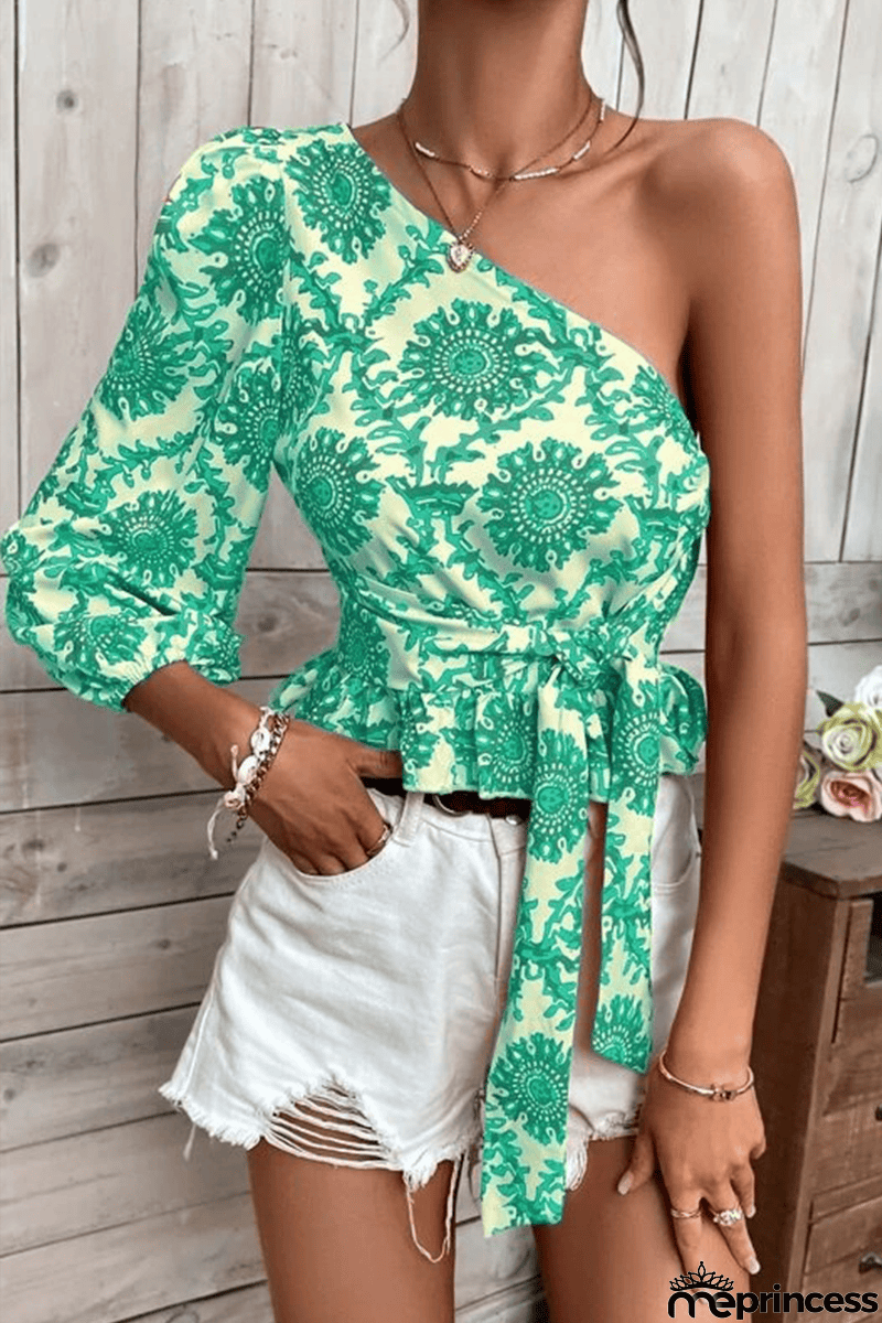 Elegant Vacation Not Positioning Printed Patchwork Oblique Collar Tops