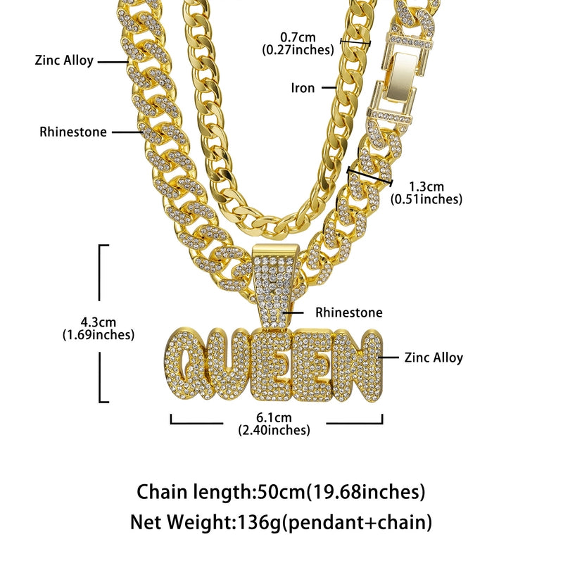 Style Jewelry Three-Piece Queen Pendant Alloy Full Diamond Cuban Link Chain Bracelet NK Chain2