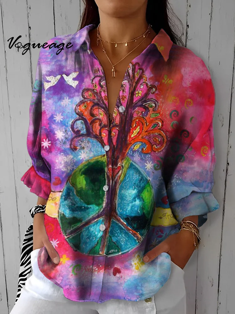 Peace Trees Growing Strongly on Earth Printed Cotton And Linen Shirt