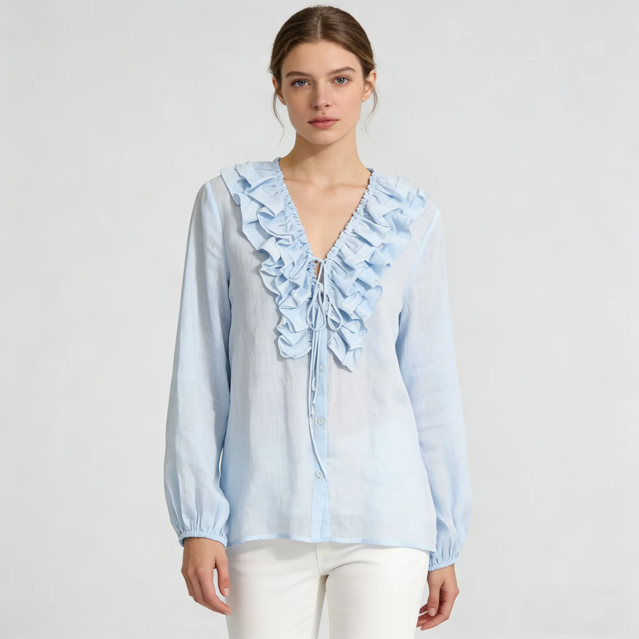 Linen Blouse Women 100% Ramie Tie Front Ruffle Top REAL SILK LIFE
