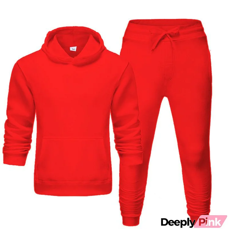 Men Casual Solid Long Sleeve Hat Rope Pocket Design Hoodie And Drawstring Waist Jogger Pants Two-Piece Set