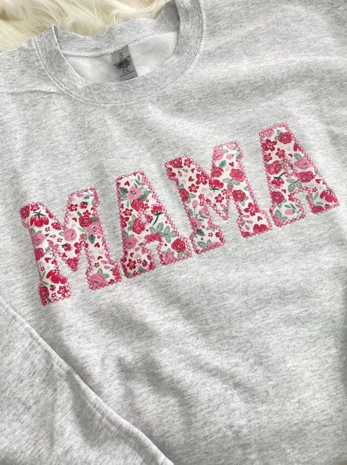 Mama Embroidered Pink and Red Floral Applique Sweatshirt