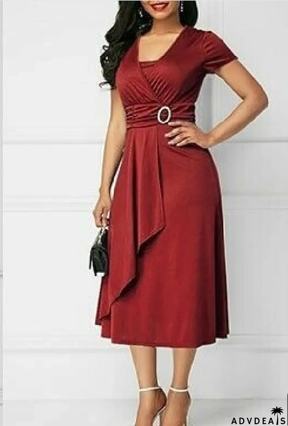 Women Summer Solid V Neck Asymmetric Midi Dress