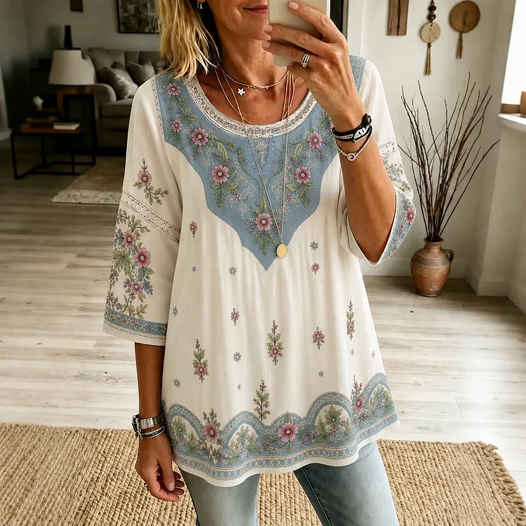 Women's Vintage Boho Floral Art Crew Neck Linen Blend T-shirt