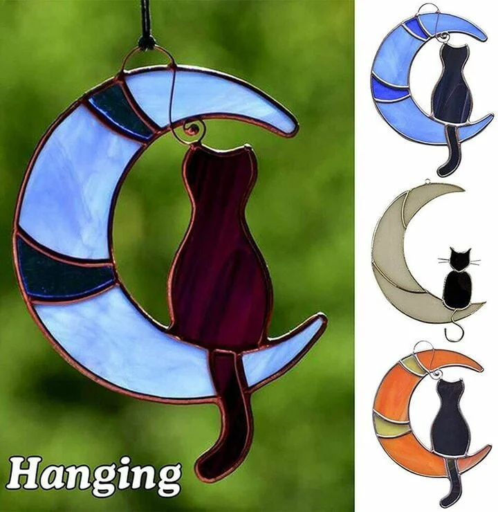 Stained glass cat on the moon, window hanging suncatcher