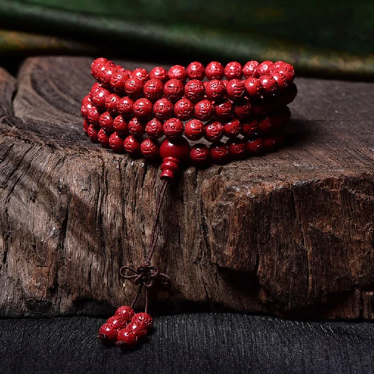 Cinnabar 108 Mala Beads Om Mani Padme Hum Pattern Engraved Blessing Bracelet