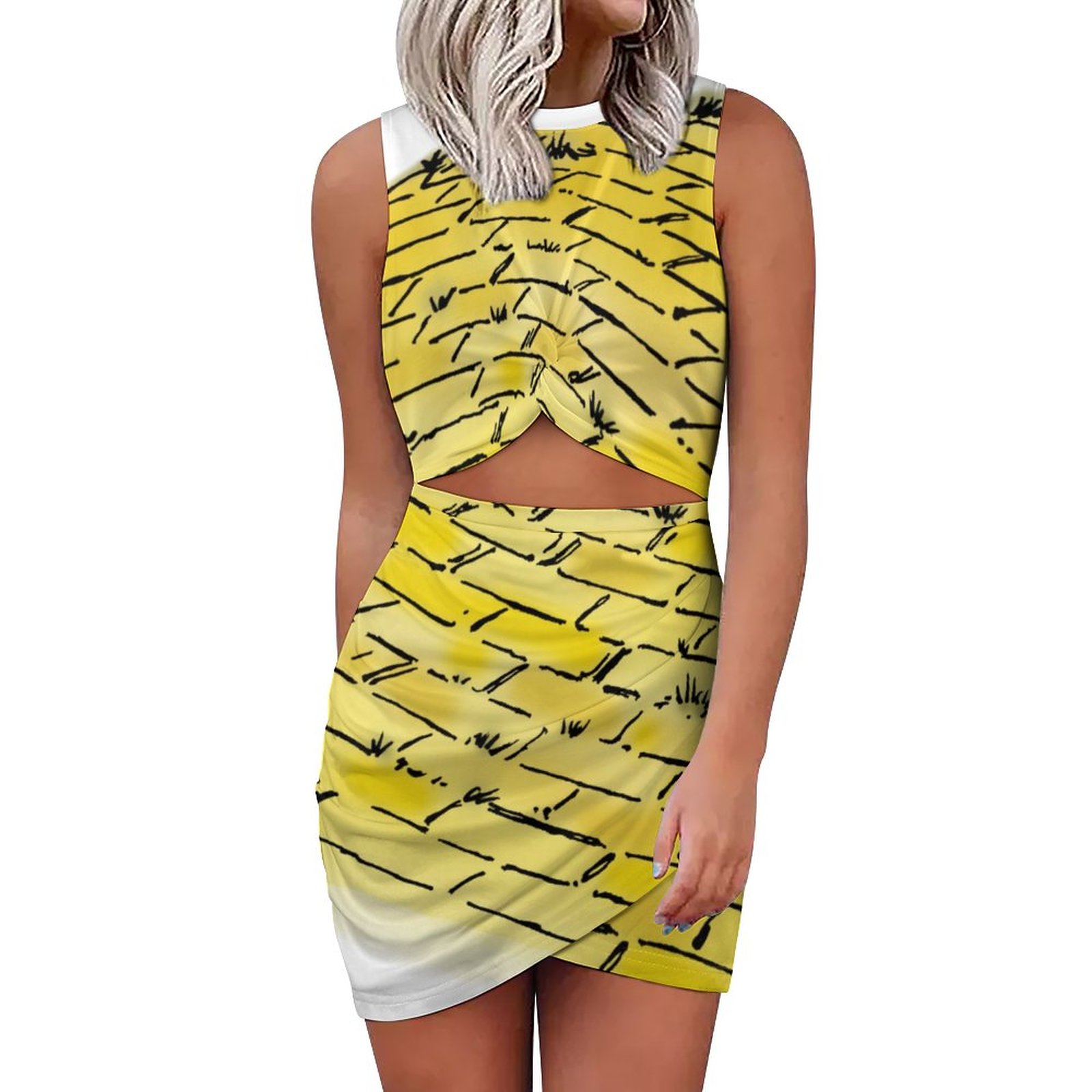 Vintage Of oz Yellow Brick Road Women's Sexy Cutout Twist Front Bodycon Dress Sleeveless Slim Fit Wrap Hem Mini Tank Dress Yellow-5XL
