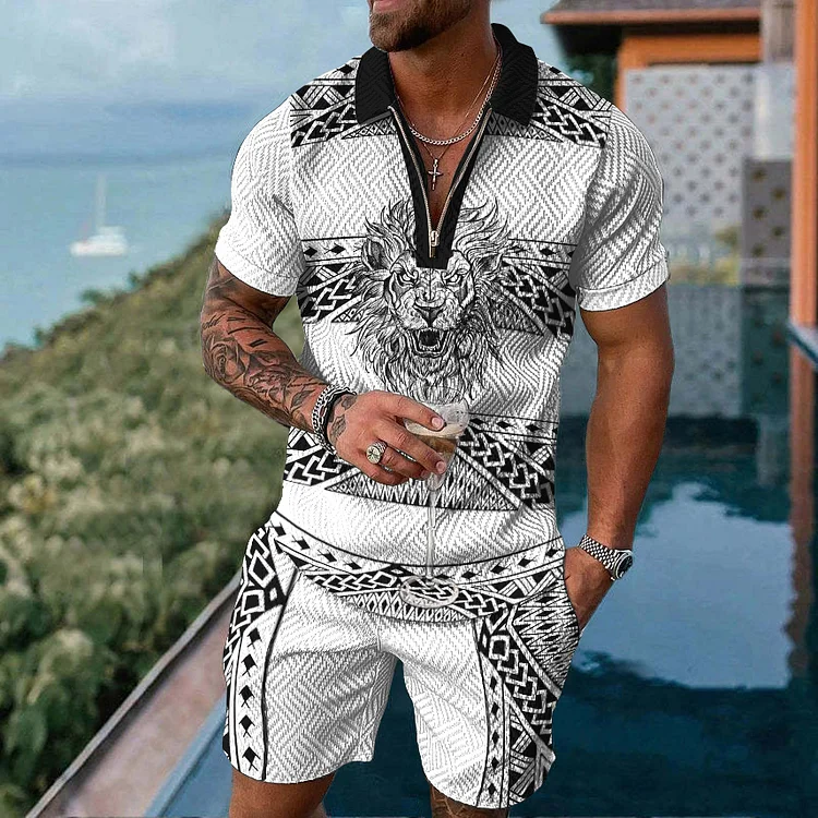 Broswear Lion Print Short Sleeve Polo Shirt And Shorts Co-Ord