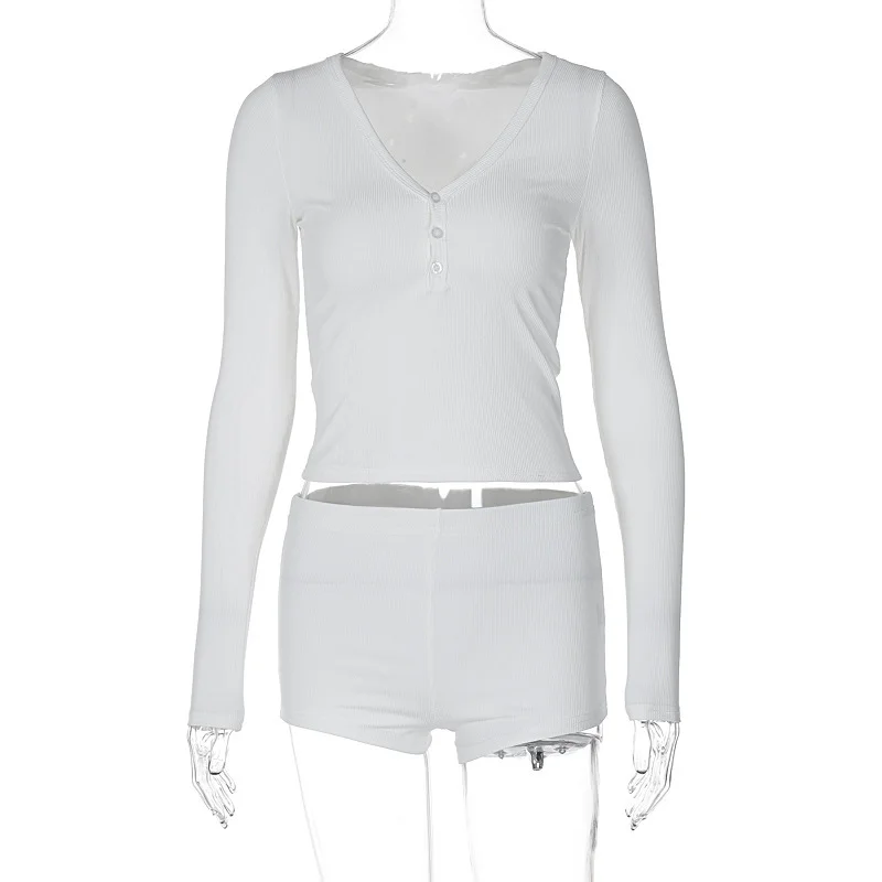 Uveng Uveng Women's Sexy Low Cut V-Neck Tight Long Sleeve Top Fashion Sporty Short Shorts Two-Piece Set