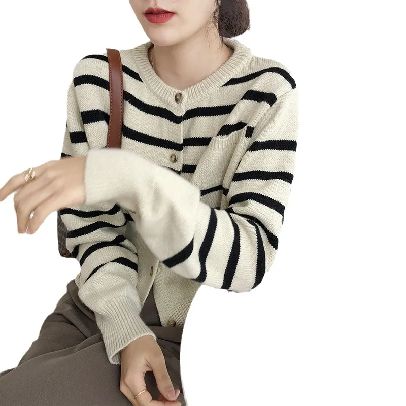 Churchf Churchf East Gate Stripe Sweater Coat Female Cardigan Loose New Style Lazy Wind Spring And Autumn Outfit Outside Build Sweater Female
