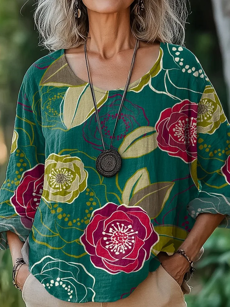 Women's Floral Art  Print Casual Cotton And Linen Shirt