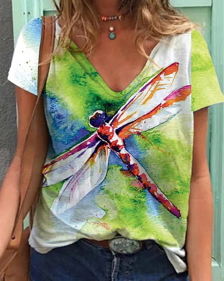Creative Dragonfly Pattern Loose Short-Sleeved Top