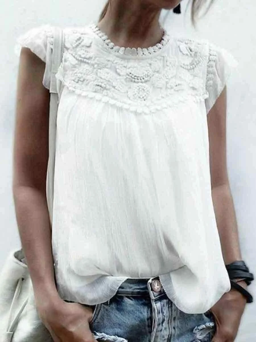 Lace Patchwork Small Fly Sleeve Net Yarn Perspective Lace Shirt