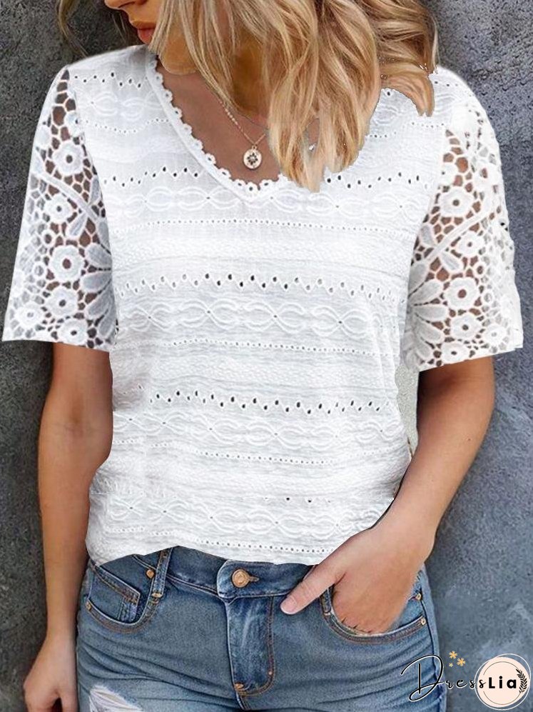 V-neck Lace Patchwork Hollow out Blouse