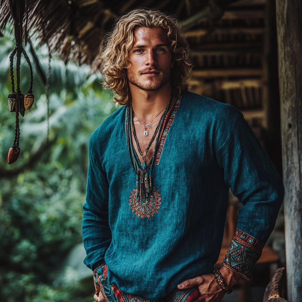 Men's Bohemian Holiday Style Vintage Linen Printed Casual Long Sleeve Top-inspireuse