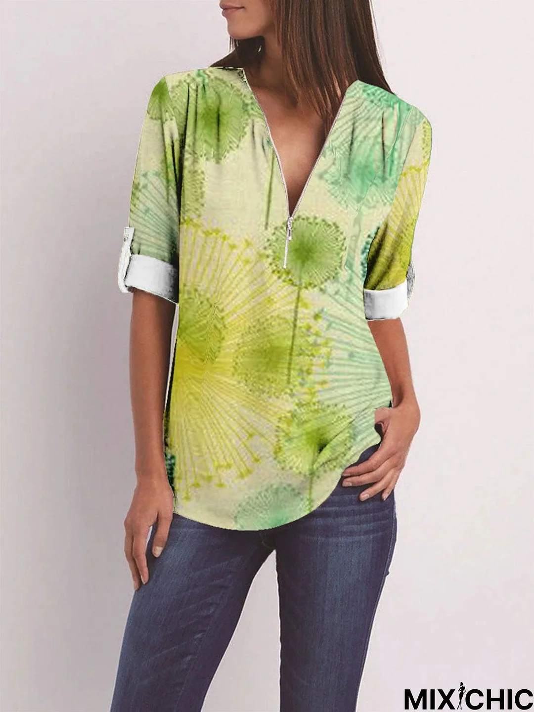 V Neck Vacation Cotton-Blend Half Sleeve Blouses