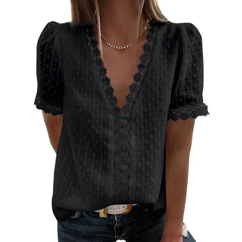 Summer Short Sleeve Womens Tops And Blouses Fashion V Neck Elegant Casual Chic Shirts Ladies Solid Lace Chiffon Blouse Plus Size