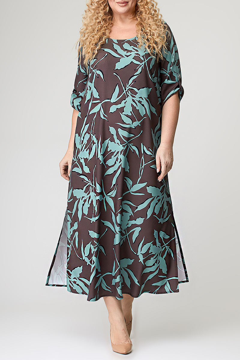 Flycurvy Plus Size Casual Brown Chiffon Floral Print Slit 3/4 Sleeve Tea-Length Dress