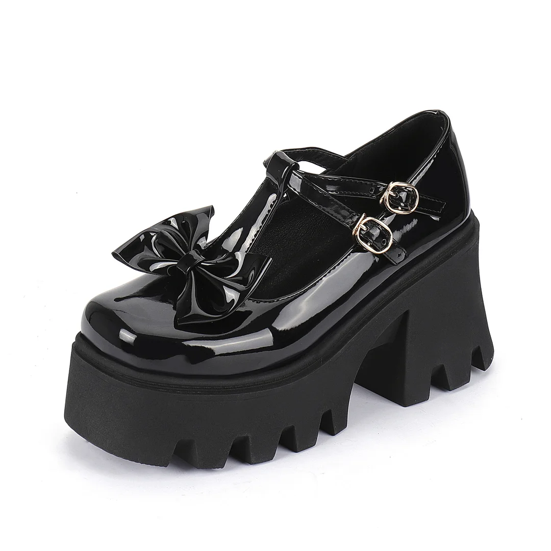 Plus Size Women Shoes Round Toe PU Bright Leather Lolita Bow Wedge Platform Pumps Chunky Heel Novameme