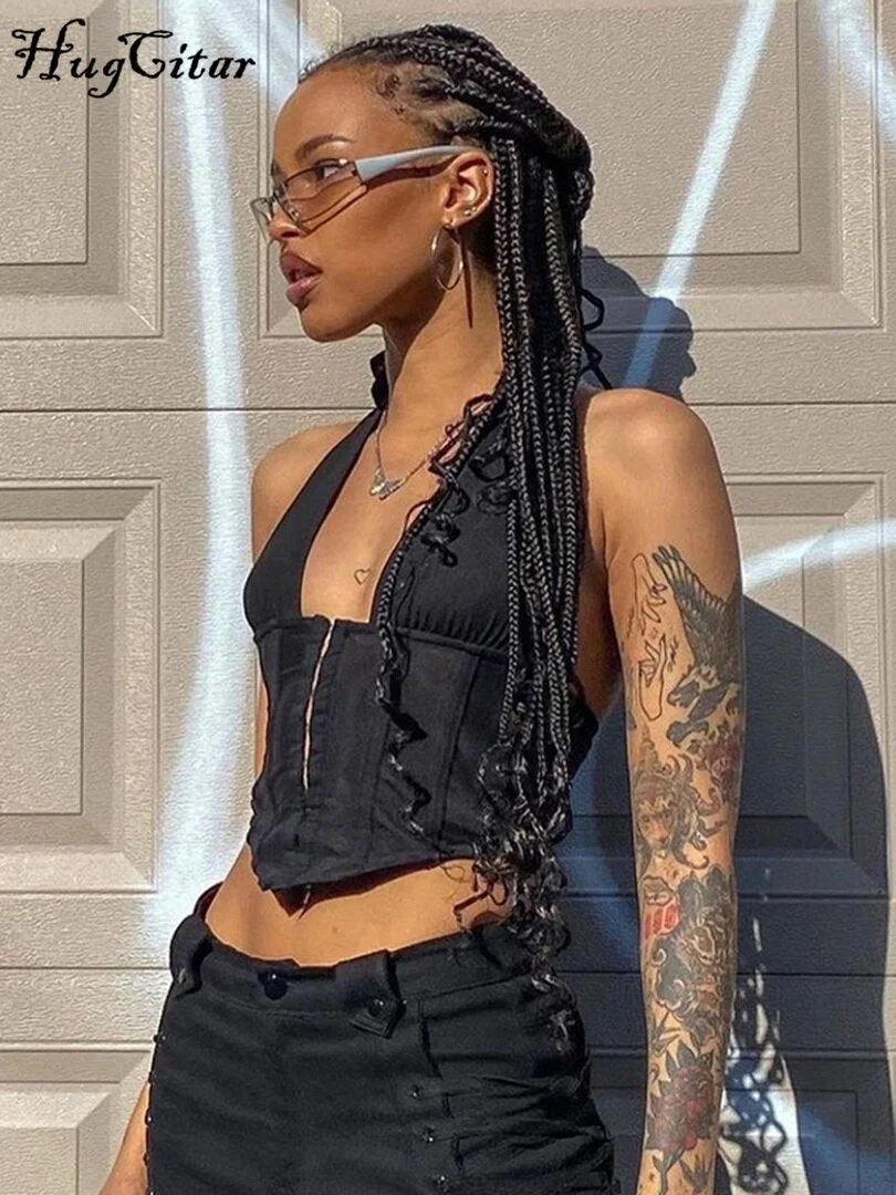 Hugciar 2021 Sexy Sleeveless Bandage Front Cardigan Bodycon Corset Crop Top Skinny Summer Women Fashion Streetwear Tshirt Y2K Ro