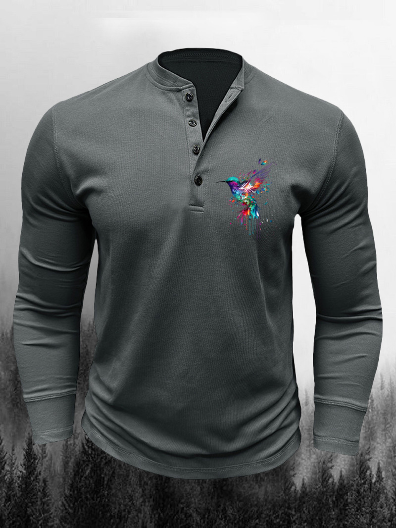 Men's Color Pigment Bird Cotton Button Long-Sleeve T-shirt