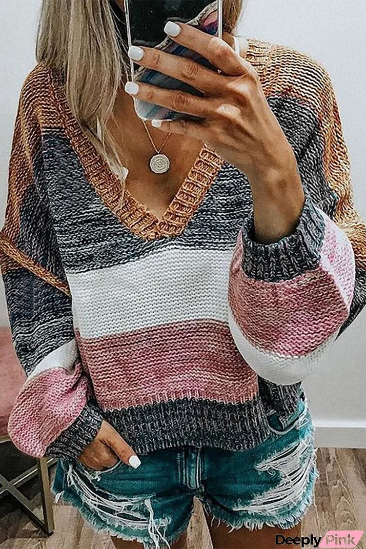 Casual Sweet Color Block Patchwork V Neck Sweaters(4 Colors)