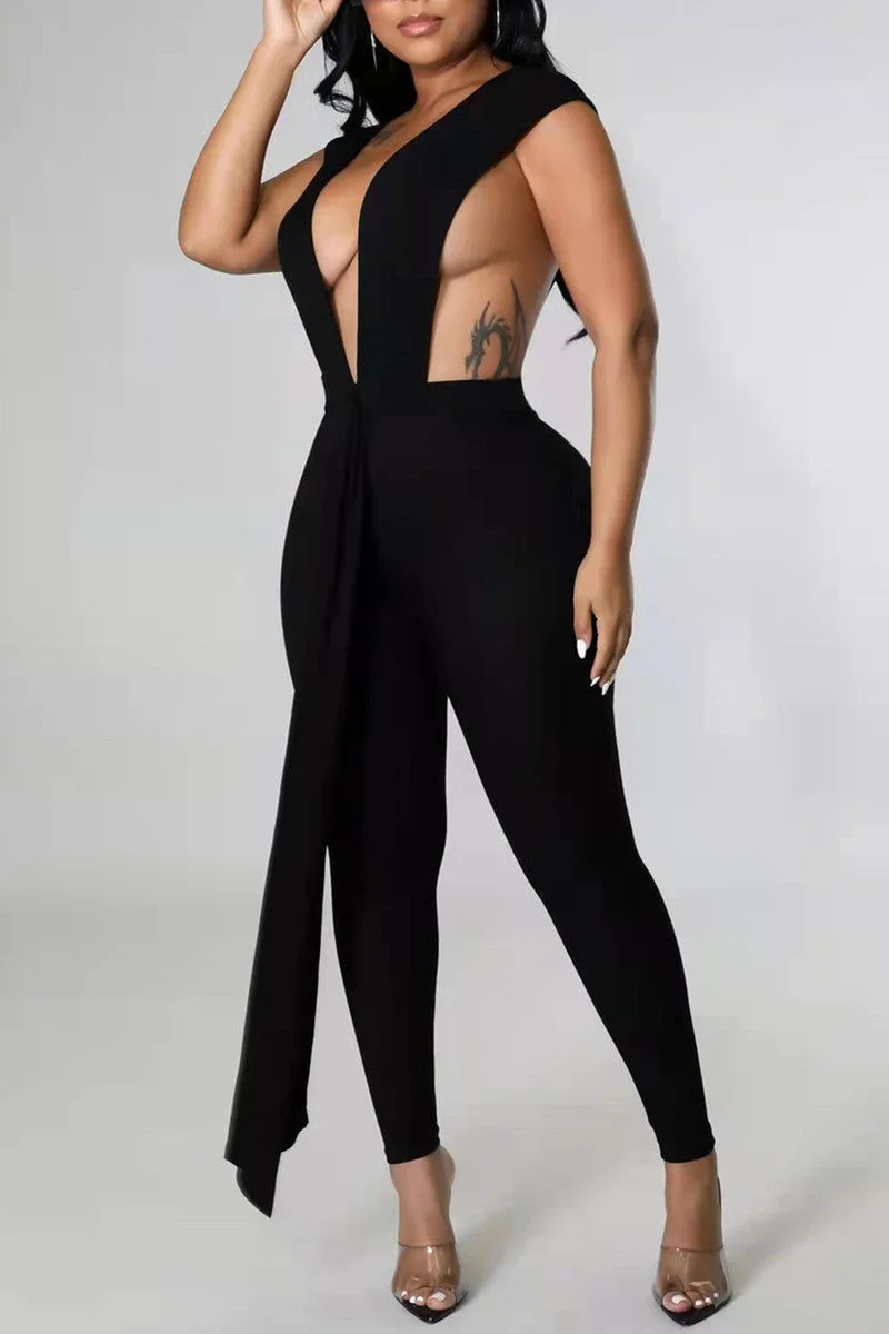 Fashion Sexy Solid Split Joint Backless V Neck Skinny Jumpsuits