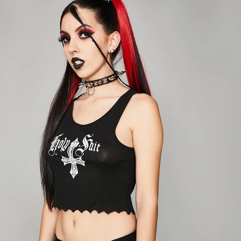 InsGoth Gothic Cross Print Tanks Harajuku Punk Bodycon Letter Print Tank Top Goth Vintage Women Summer Sexy Black Crop Tops