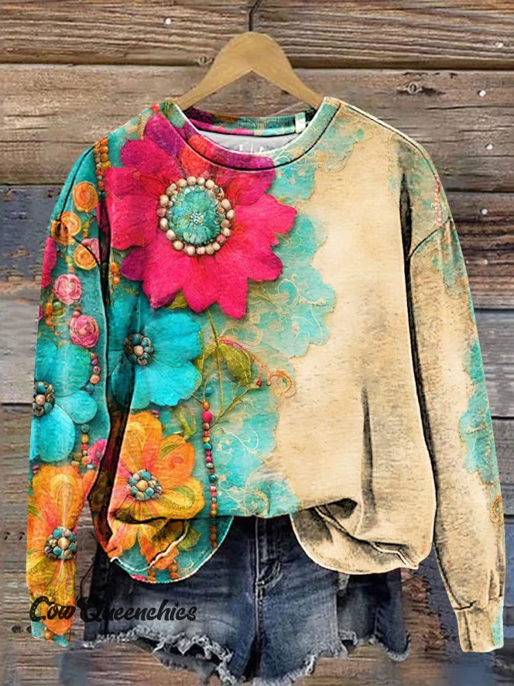 Vintage Bohemian Floral Art Print Casual Sweatshirt Multicolor / S