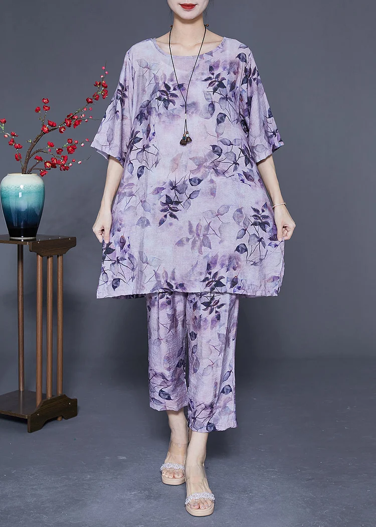 Handmade Purple O-Neck Oversized Print Linen Silk Two-Piece Set Summer