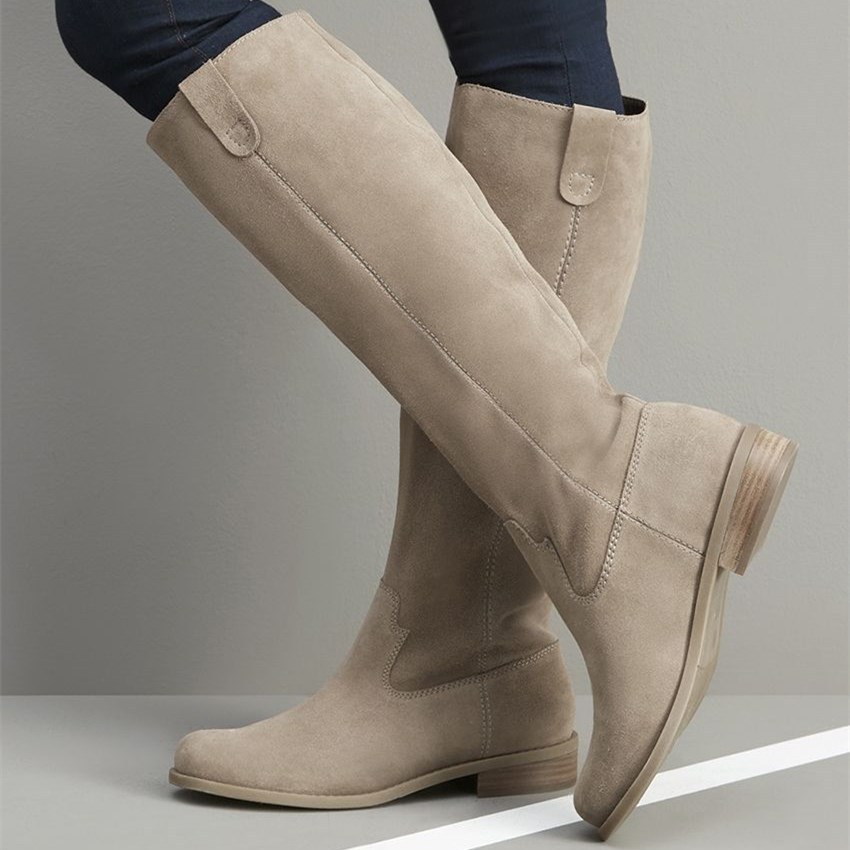 GOOSHOE Taupe Round Toe Flat Knee High Suede Boots