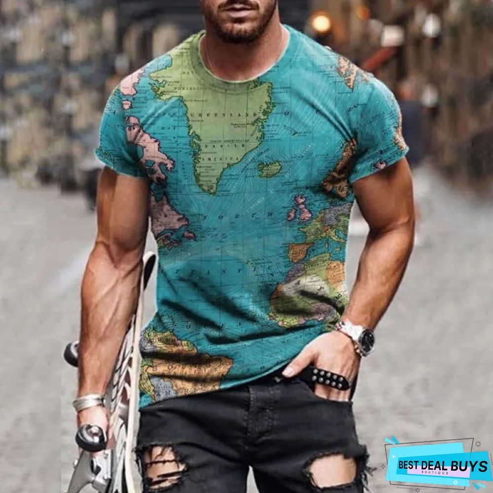 Trendy Men's Round Neck Slim Fit T-Shirt Personalized Map Print Short Sleeve