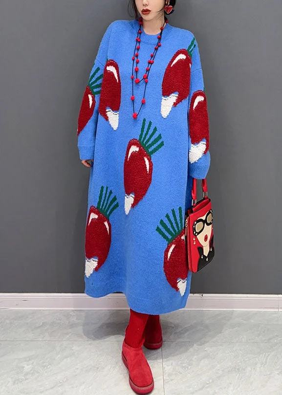 Plus Size Blue O Neck Strawberry Jacquard Long Knit Dress Winter