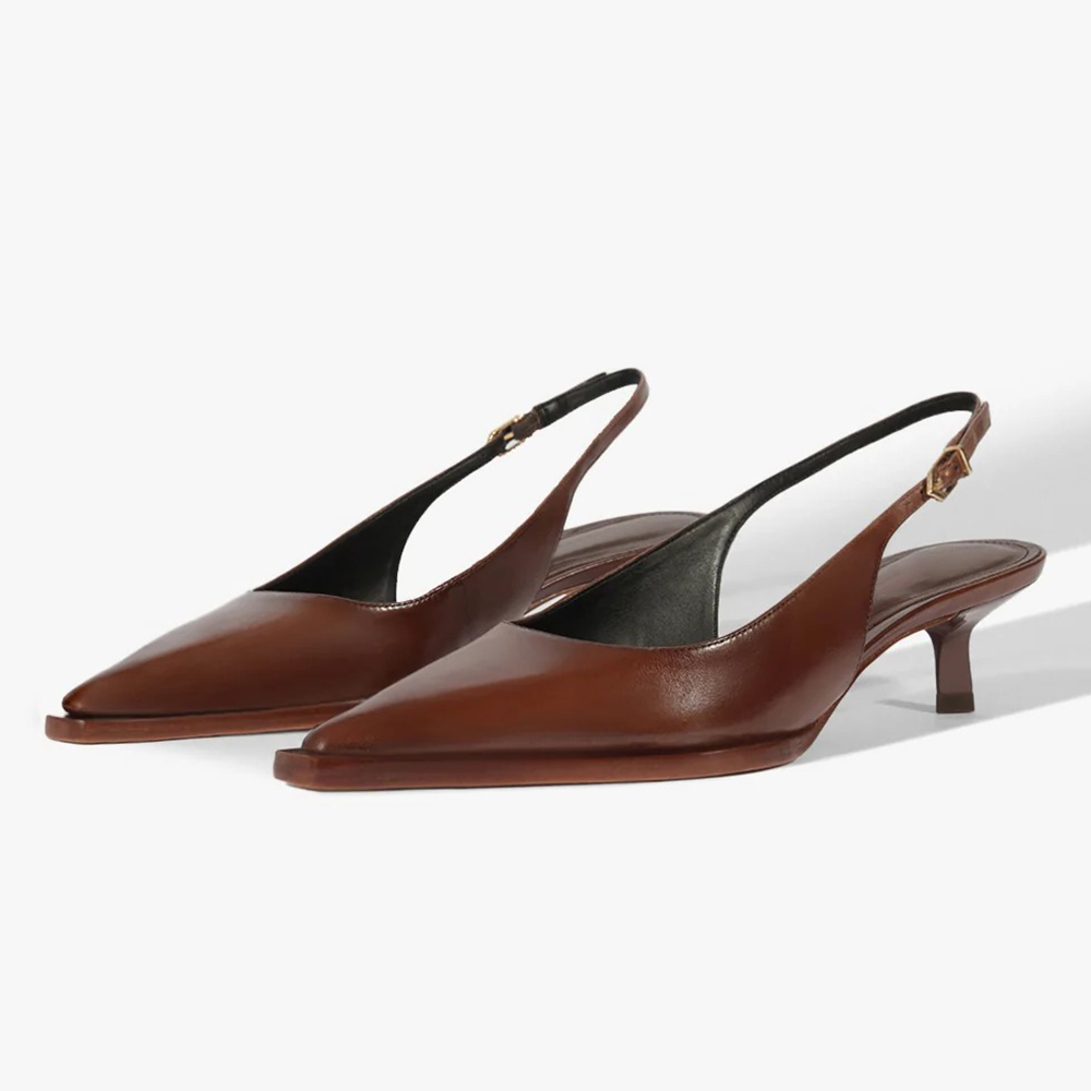 Brown Vegan Leather Pointed Toe Slingback Kitten Heel Pumps Nicepairs