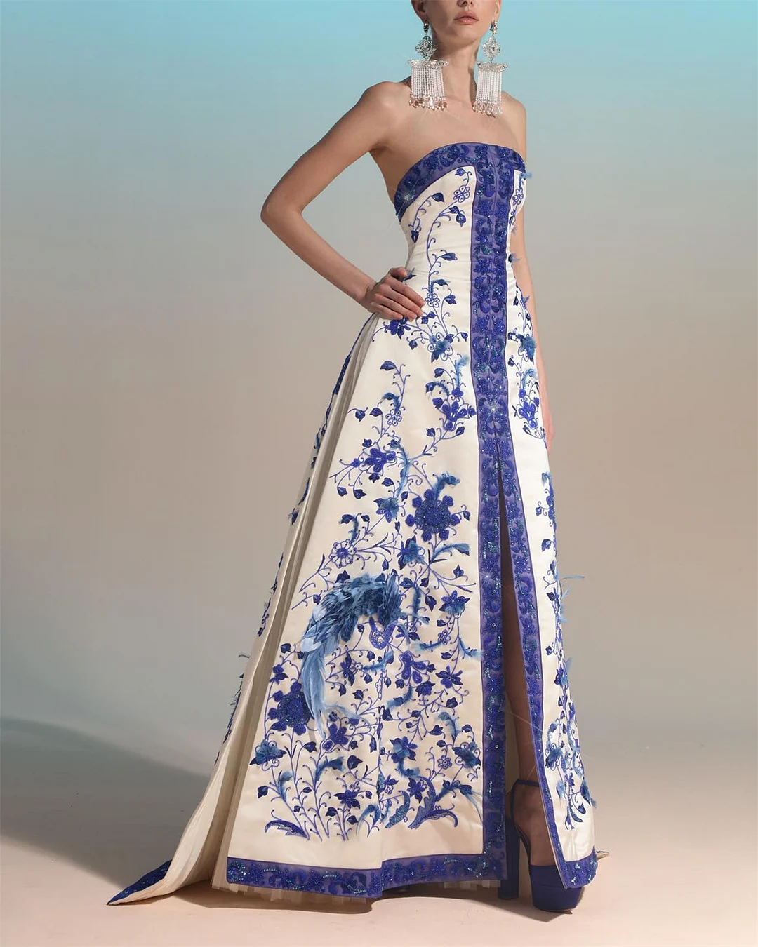 Women's Tube Top Slit Embroidered Dress