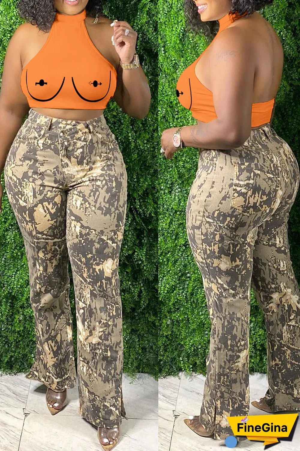 Brick Red Sexy Print Patchwork O Neck Tops