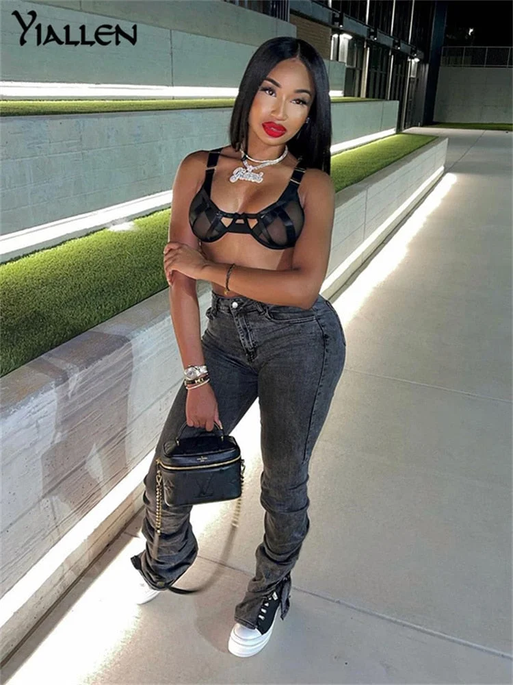 Yiallen Autumn Cotton Distressed Jeans Women Fashion Street Style High Waist Denim Split Pocket Straight Leg Trousers Female