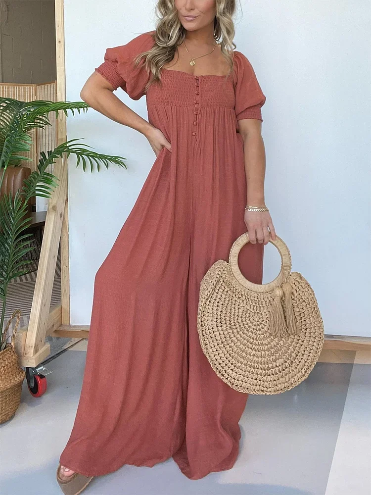Women's Square Neckline Jumpsuit with Smocked Bodice Button (Buy 2 Free Shipping)