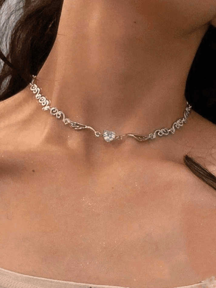 Brownm Angel Wing Rhinestone Heart Necklace