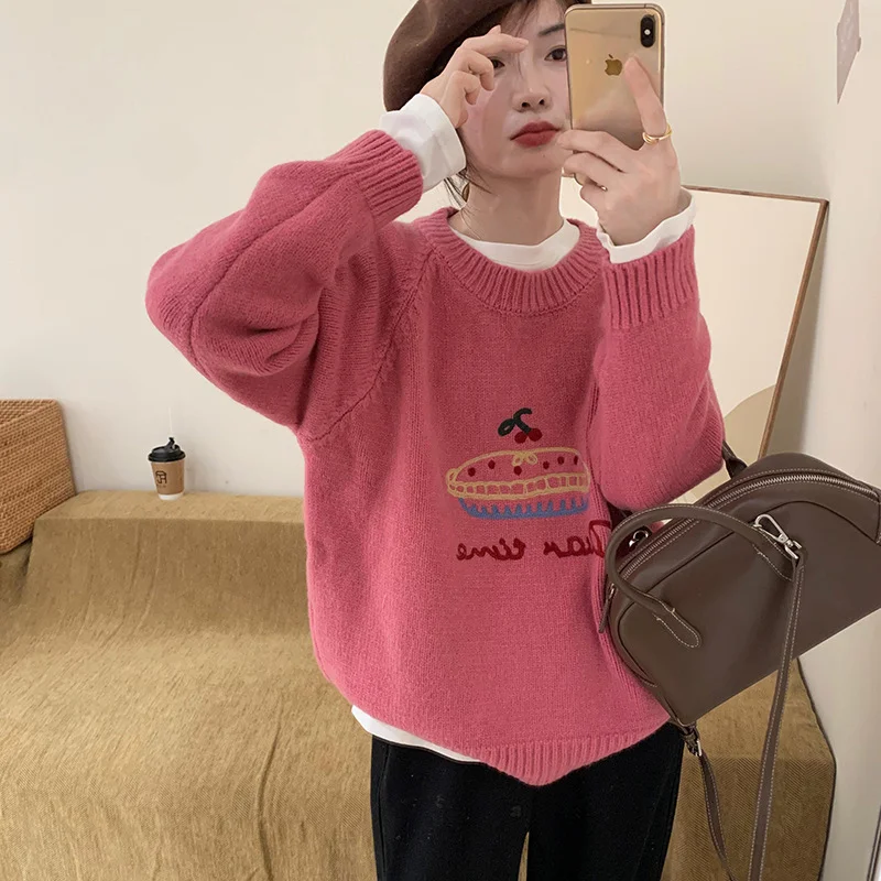 Churchf Knit Sweater Female Autumn Winter New Candy Color Round Collar Loose Joker Coat College Wind Sweater