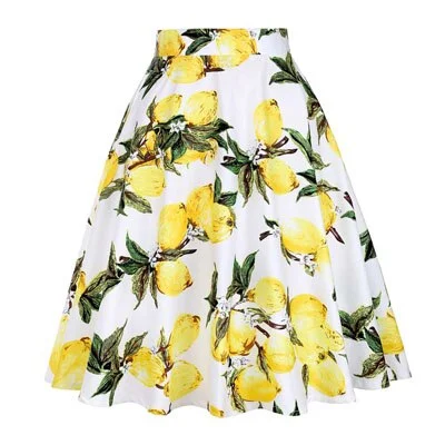 Colourp Midi 50s Skirts Yellow Women Cotton Lemon Printed High Waist 60s Swing Rockabilly A-line Korean Casual Summer Skirt 2021