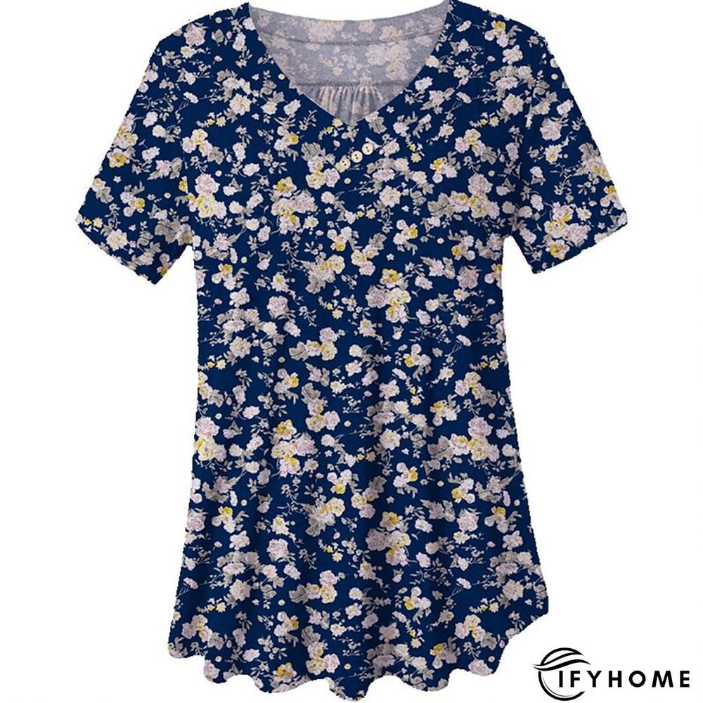 Women's Shirt Blouse Denim Blue Black White Leopard Floral Print Short Sleeve Casual Holiday Basic V Neck Regular Floral Plus Size M | IFYHOME