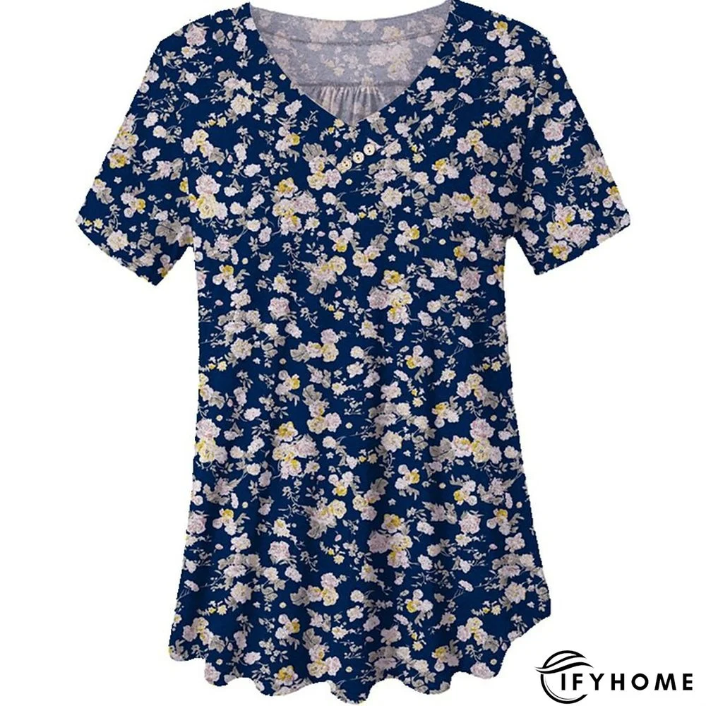 Women's Shirt Blouse Denim Blue Black White Leopard Floral Print Short Sleeve Casual Holiday Basic V Neck Regular Floral Plus Size M | IFYHOME