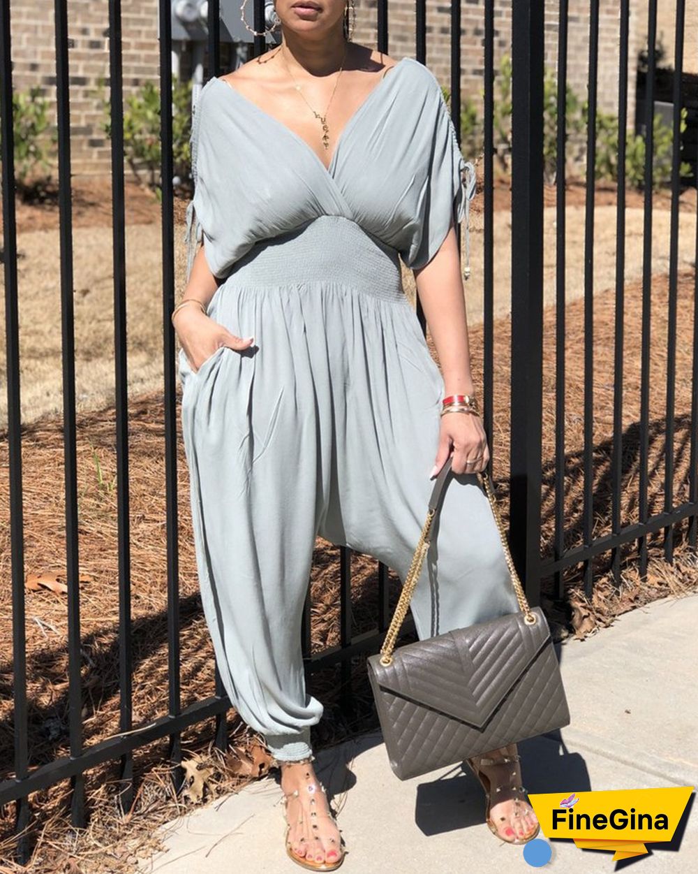 Drawstring Ruched Shirring Waist Jumpsuit